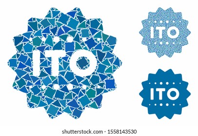 ITO token composition of abrupt elements in various sizes and color tones, based on ITO token icon. Vector irregular elements are grouped into collage. ITO token icons collage with dotted pattern.