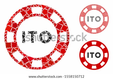 ITO token mosaic of rough pieces in variable sizes and color hues, based on ITO token icon. Vector ragged pieces are united into mosaic. ITO token icons collage with dotted pattern.