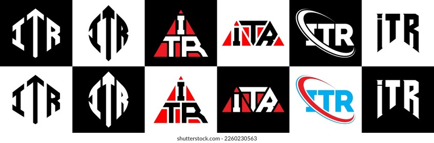 ITR Brief Logo Design in sechs Stilrichtungen. ITR Polygon, Kreis, Dreieck, Hexagon, flacher und einfacher Stil mit schwarz-weißem Farbänderungslogo in einem Zeichenbrett. ITR minimalistisches und klassisches Logo