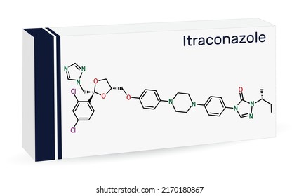 Itraconazole molecule. It is triazole antifungal drug used for the treatment of various fungal infections. Skeletal chemical formula. Paper packaging for drugs. Vector illustration