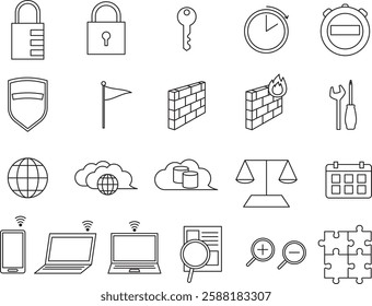 IT-related line drawing icons that can be used in business situations. Symbols of IT services such as security and cloud.