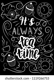 "It's always tea time" Alice in Wonderland motifs, Lewis Carroll typography print in chalkboard style.