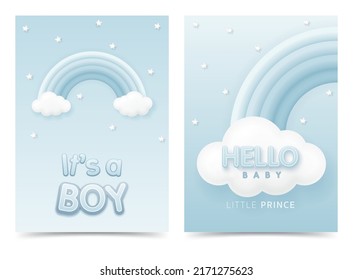 It`s a boy. baby shower banner with rainbow and little stars on blue background for greeting invitation card, album, poster, baby boy and children birthday party. vector illustration