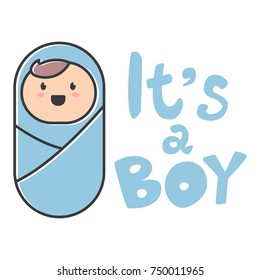 "It's a boy". Baby shower greeting card with hand drawn lettering text. Vector cartoon flat illustration isolated on white background.