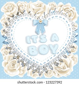 it`s a boy baby shower on heart and roses background