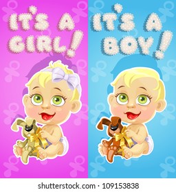 It`s a boy and it`s a girl  announcement card with cute babies