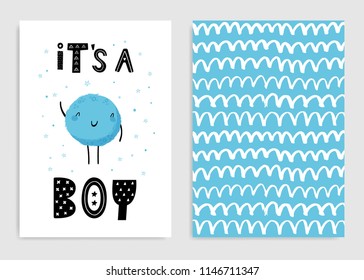 It`s a boy. Set of card templates for little boy.  Hand drawn vector illustration in blue.