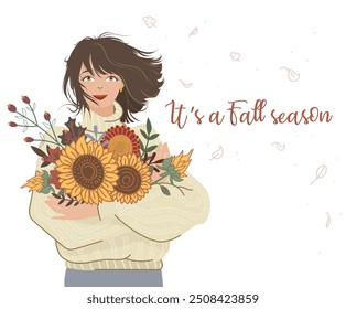 "It's a Fall Season" - cartão de cumprimentos da Autumn Vibe. Ilustração vetorial de mulher jovem bonita no suéter segurando buquê de flores.