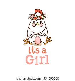 It`s a Girl! card template with cute chicken and pink egg