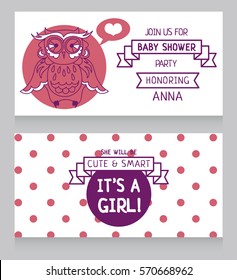 "It's a girl!" cards for baby shower, cute doodle owl and polka dot background, vector illustration