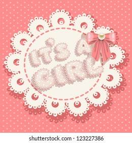 it`s a girl pink baby shower with openwork background and bow