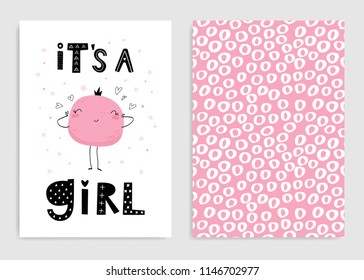 It`s a girl. Set of card templates for little princess.  Hand drawn vector illustration in pink.