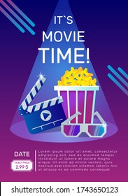 It`s movie time vector poster. Cinema background concept with popcorn, 3D glasses, slade in ray of light on purple background.