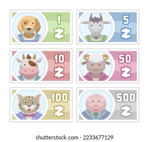 It`s paper money with pictures of different animals. These six banknotes have different colors and denominations. You can use them for board games, children games or other activities. 