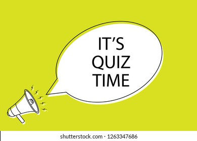 It"s quiz time speech bubble in cartoon style. Male with megaphone