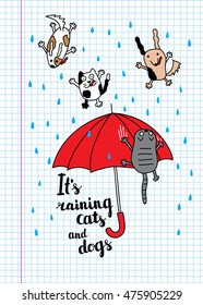 "It's raining cats and dogs" autumn card. Falling raindrops and umbrella with cats and dogs. Bright autumn postcard. Vector illustration.