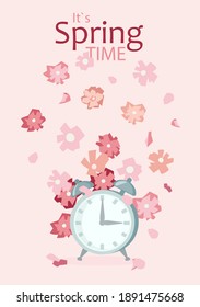 Es primavera en afiche. Reloj de alarma con flores geométricas en banner decorativo. Texto con diseño floral rosa.