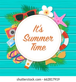 It"s summer time background. Top view with sunglasses, sun screen, starfish, camera, flip flop, ifebuoy, bikini, flower and leaf on wooden background. Summer template design. Vector Illustration.