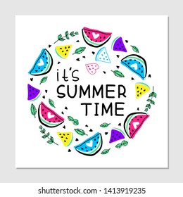 It`s summer time cartoon letters vector illustration. Summer banner, T-shirt, poster concept. Invitation card with flat hand drawn shapes. Multicolor bright abstract style design elements
