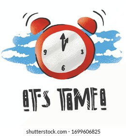 It`s time! scandinavian style lettering.Red alarm clock.Hand drawn colored trendy vector illustration. Cartoon style. 
