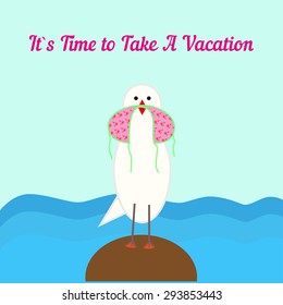 It`s time to take a vacation. Seagull sitting on rock  with women bra in beak. Sea waves on background. Holiday illustration
