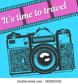 It`s time to travel art illustration with vintage photo camera, pink film on blue background.