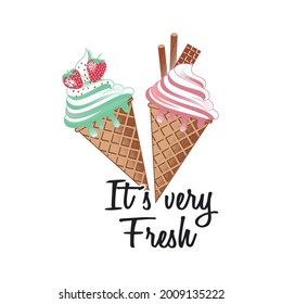 "It's very fresh". Two delicious ice creams. Draw and text, sublimation design and Vector T-shirt fashion design.