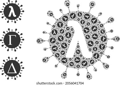 Itself Fractal Collage Lambda Covid Virus. Vector Lambda Covid Virus Collage Is Formed Of Scattered Itself Lambda Covid Virus Pictograms. Flat Illustration.