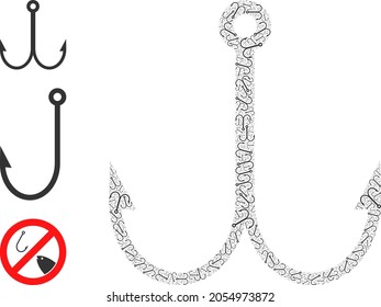 Itself fractal composition double fish hook. Vector double fish hook composition is constructed of repeating fractal double fish hook elements. Flat illustration.