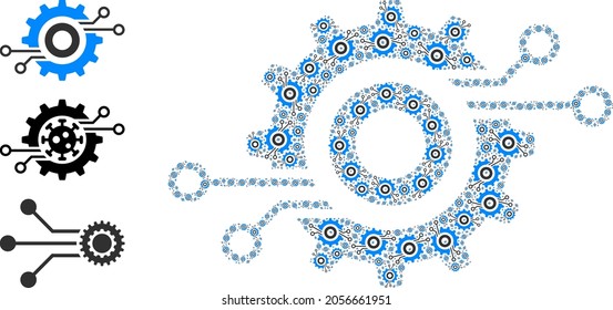 Itself fractal composition nanobot circuit wheel. Vector nanobot circuit wheel composition is composed of repeating fractal nanobot circuit wheel parts. Flat illustration.