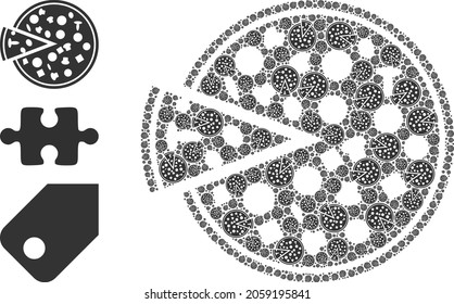 Itself fractal composition pizza with piece. Vector pizza with piece fractal is formed with randomized itself pizza with piece icons. Flat design.