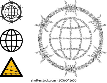 Itself Fractal Mosaic Barbed Wire Globe. Vector Barbed Wire Globe Fractal Is Constructed Of Randomized Fractal Barbed Wire Globe Elements. Abstract Design.