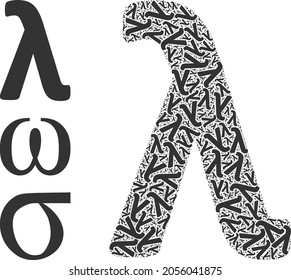 Itself fractal mosaic Lambda Greek lowercase letter. Vector Lambda Greek lowercase letter fractal is constructed from repeating itself Lambda Greek lowercase letter elements. Abstract illustration.