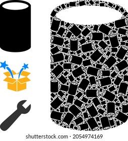 Itself recursive collage cylinder. Vector cylinder collage is composed from scattered recursive cylinder icons. Abstract illustration.