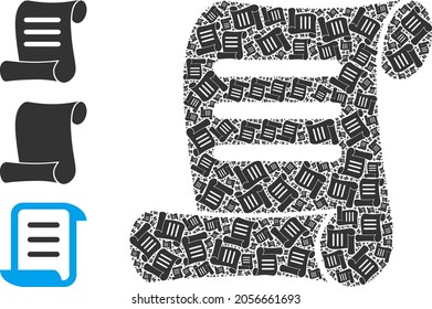 El propio rollo de documentos de collage recursivo. El collage de rollos de documentos vectores se realiza con iconos de rollo de documentos recursivos aleatorios. Ilustración abstracta.