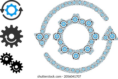 Itself recursive collage gear rotation. Vector gear rotation collage is formed of random recursive gear rotation pictograms. Abstract illustration.