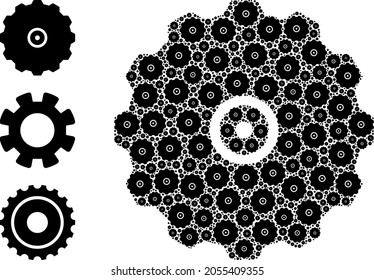Itself recursive collage gearwheel. Vector gearwheel collage is created of randomized itself gearwheel items. Flat illustration.