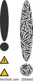 Itself recursive composition exclamation sign. Vector exclamation sign composition is composed from scattered recursive exclamation sign parts. Flat illustration.