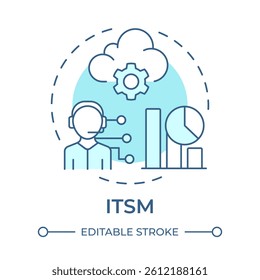 ITSM soft blue concept icon. It service management, maintenance. Cloud technology, statistics. Round shape line illustration. Abstract idea. Graphic design. Easy to use in blog post, presentation