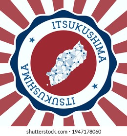 Itsukushima Badge. Round logo of island with triangular mesh map and radial rays. EPS10 Vector.