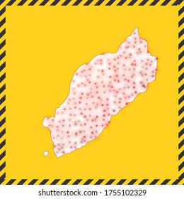 Itsukushima closed - virus danger sign. Lock down island icon. Black striped border around map with virus spread concept. Vector illustration.