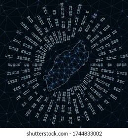 Itsukushima digital map. Binary rays radiating around glowing island. Internet connections and data exchange design. Vector illutration.