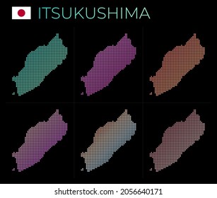 Itsukushima dotted map set. Map of Itsukushima in dotted style. Borders of the island filled with beautiful smooth gradient circles. Radiant vector illustration.