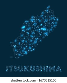 Itsukushima network map. Abstract geometric map of the island. Internet connections and telecommunication design. Trendy vector illustration.