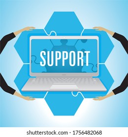 IT-support. Computer with laptop and puzzle pieces. All held togheter with hands. Vector illustration.