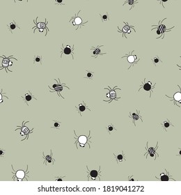 Itsy Bitsy Spiders pattern on blue background seamless vector repeat surface design halloween doodle style