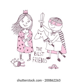 ittle girl and little boy is best friends, vector illustration