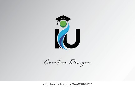 IU Creative Letter Logo with Graduation Cap and Abstract Human – Modern Education and Learning Symbol Design	