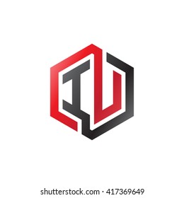 IU initial letters looping linked hexagon logo black red