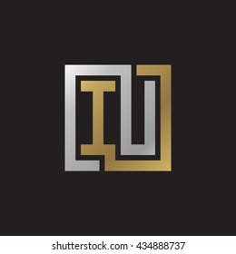 IU initial letters looping linked square elegant logo golden silver black background